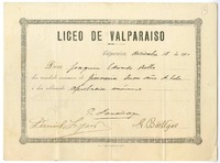 [Diploma] 1900 diciembre 18, Valparaíso, [Chile] [a] Joaquín Edwards Bello  [manuscrito] Liceo de Valparaíso.