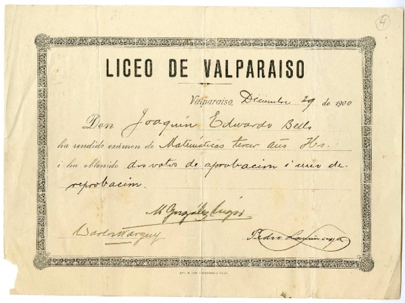 [Diploma] 1900 diciembre 19, Valparaíso, [Chile] [a] Joaquín Edwards Bello  [manuscrito] Liceo de Valparaíso.
