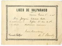 [Diploma] 1901 enero 5, Valparaíso, [Chile] [a] Joaquín Edwards Bello  [manuscrito] Liceo de Valparaíso.