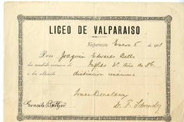 [Diploma] 1901 enero 5, Valparaíso, [Chile] [a] Joaquín Edwards Bello  [manuscrito] Liceo de Valparaíso.