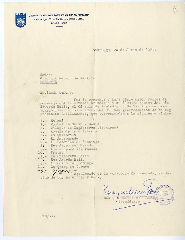 [Carta] 1973 junio 20, Santiago, [Chile][a] Marta Albornoz  [manuscrito] Enrique Munita Whittaker.