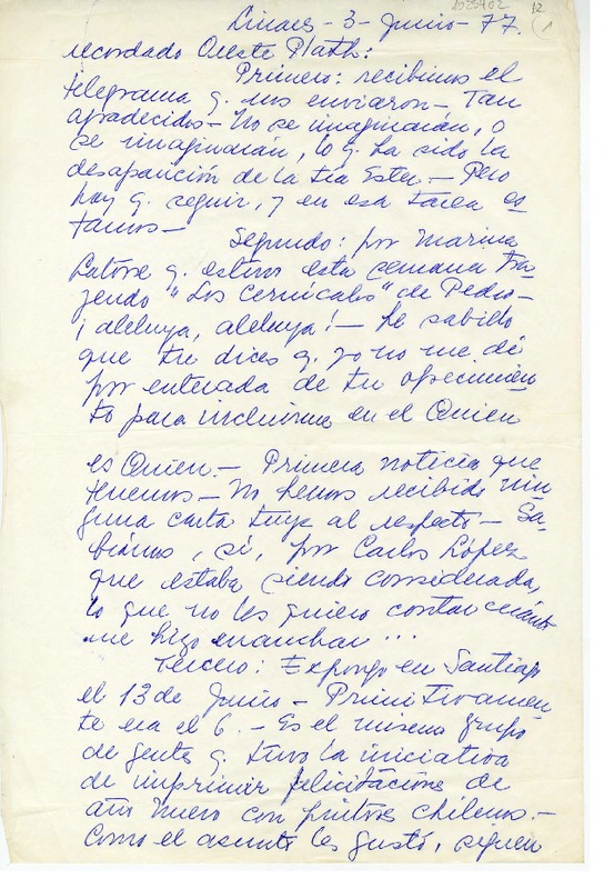 [Carta] 1977 junio 3, Linares, Chile [a] Oreste Plath  [manuscrito] Emma Jauch.