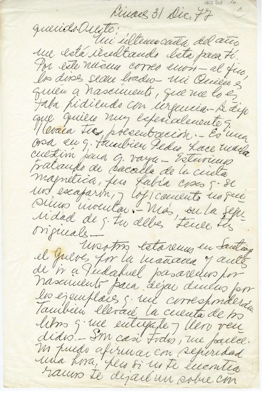 [Carta] 1977 diciembre 31, Linares, Chile [a] Oreste Plath  [manuscrito] Emma Jauch.