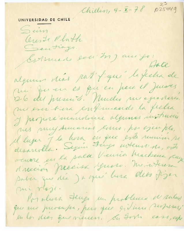 [Carta] 1978 octubre 9, Chillán, Chile [a] Oreste Plath  [manuscrito] Sergio Hernández.