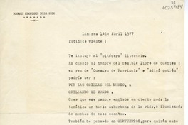 [Carta] 1977 abril 1, Linares, Chile [a] Oreste Plath  [manuscrito] Manuel Francisco Mesa Seco.