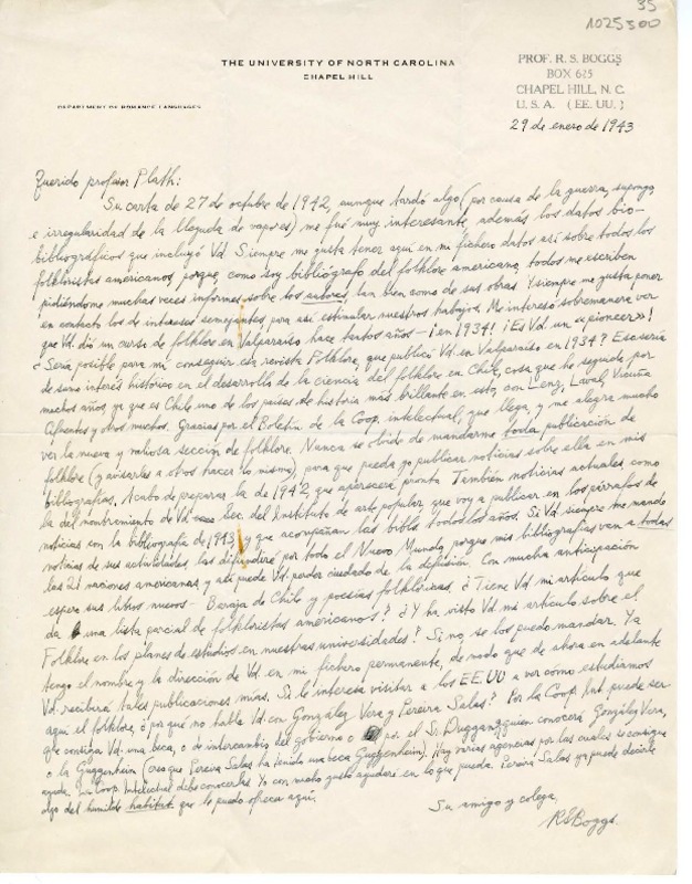 [Carta] 1943 enero 29, Chapel Hill, N.C. [E.E.U.U.] [a] Oreste Plath  [manuscrito] Ralph Steele Boggs.