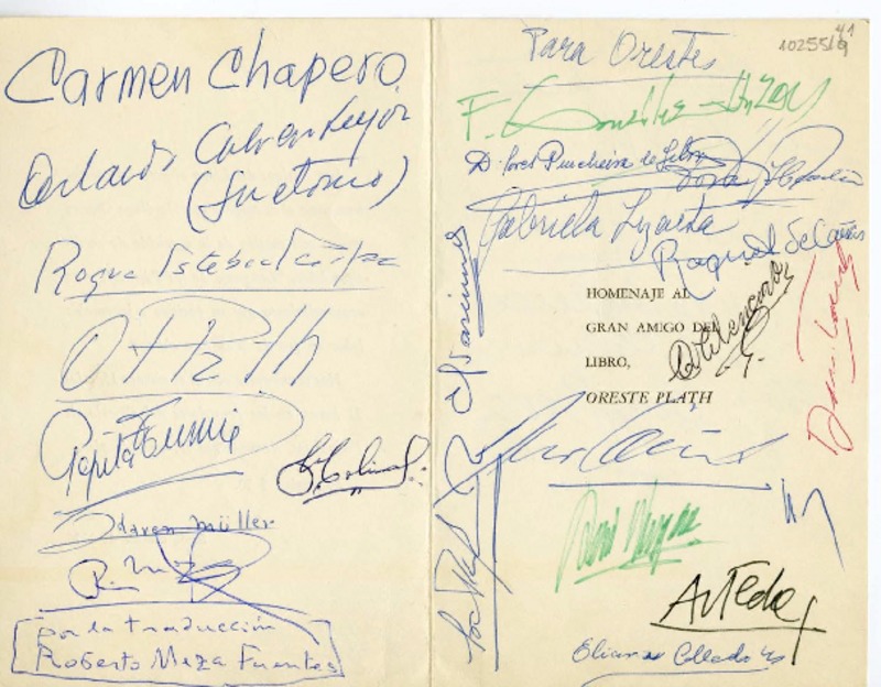 [Tarjeta] 1976 octubre, Santiago, Chile [a] Oreste Plath  [manuscrito] Agrupación Amigos del Libro.