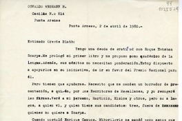 [Carta] 1980 abril 2, Punta Arenas, Chile [a] Oreste Plath  [manuscrito] Osvaldo Wegmann H.