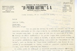 [Carta] 1976 febrero 24, Punta Arenas, Chile [a] Oreste Plath  [manuscrito] Osvaldo Wegmann H.