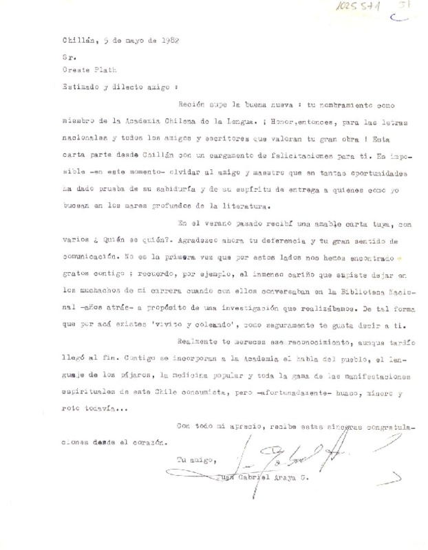 [Carta] 1982 mayo 5, Chillán, Chile [a] Oreste Plath  [manuscrito] Juan Gabriel Araya G.