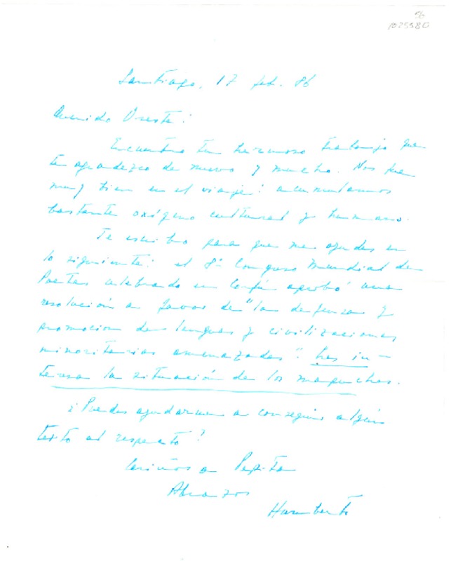 [Carta] 1986 febrero 17, Santiago, Chile [a] Oreste Plath  [manuscrito] Humberto Díaz Casanueva.