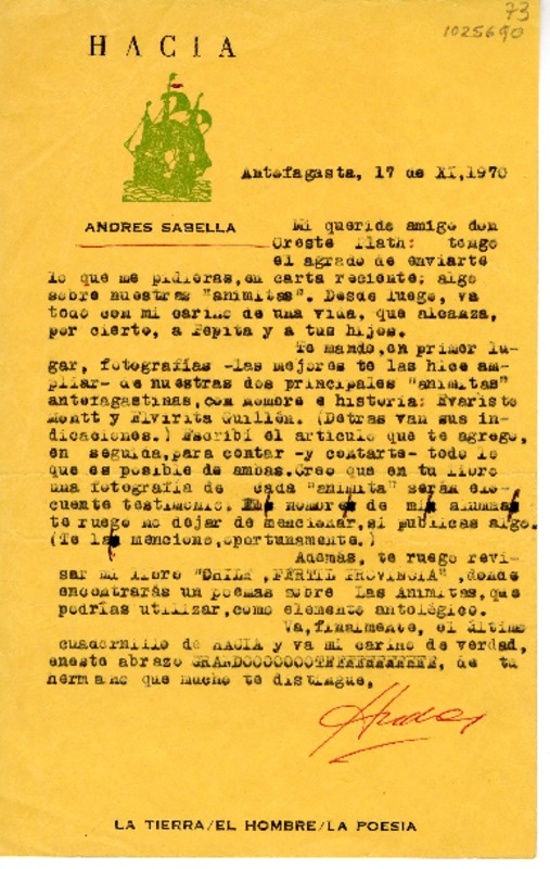 [Carta] 1970 noviembre 17, Antofagasta, Chile [a] Oreste Plath  [manuscrito] Andrés Sabella.