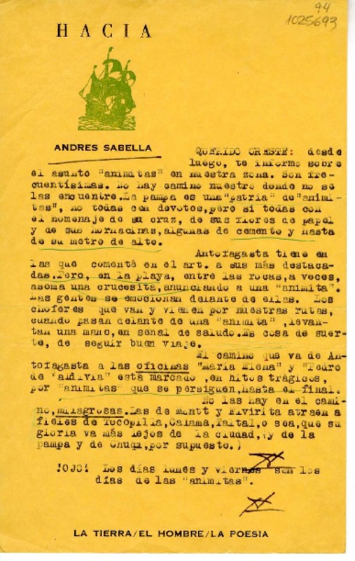 [Carta] 1970, Antofagasta, Chile [a] Oreste Plath  [manuscrito] Andrés Sabella.