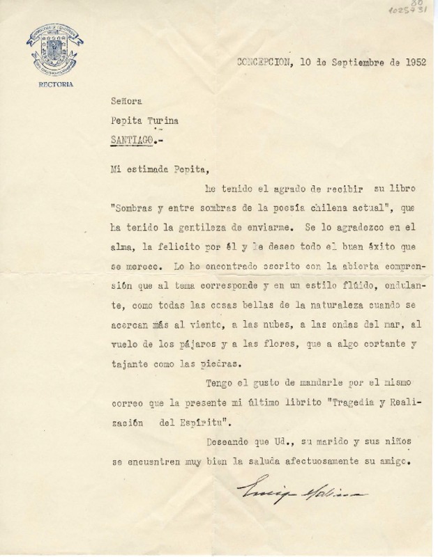 [Carta] 1952 septiembre 10, Concepción, Chile [a] Pepita Turina  [manuscrito] Enrique Molina.