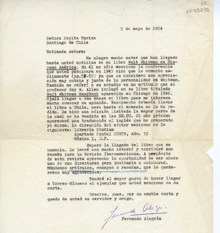 [Carta] 1954 mayo 5, [California] [a] Pepita Turina, Santiago de Chile  [manuscrito] Fernando Alegría.