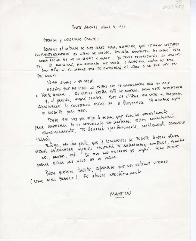 [Carta] 1990 abril 4, Punta Arenas, Chile [a] Oreste Plath  [manuscrito] Martín Cerda.
