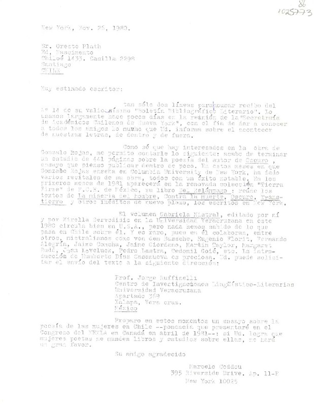 [Carta] 1980 noviembre 26, New York [a] Oreste Plath, Santiago de Chile  [manuscrito] Marcelo Coddou.