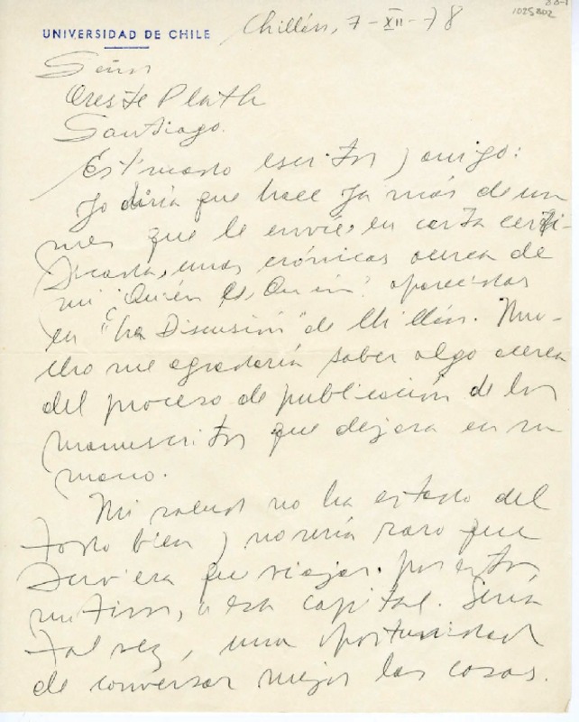 [Carta] 1978 diciembre 7, Chillán, Chile [a] Oreste Plath, Santiago, [Chile]  [manuscrito] Sergio Hernández.