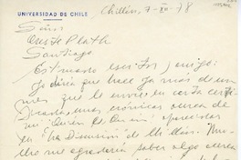 [Carta] 1978 diciembre 7, Chillán, Chile [a] Oreste Plath, Santiago, [Chile]  [manuscrito] Sergio Hernández.