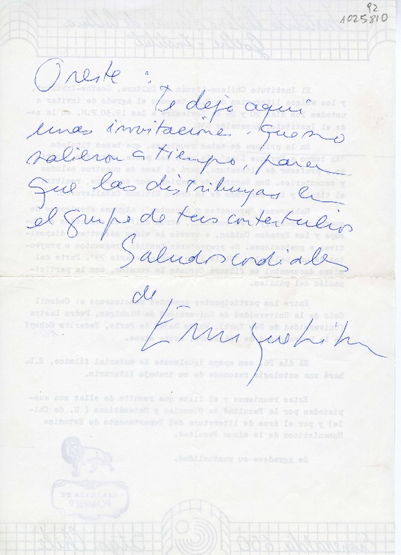 [Carta] [1979], Santiago, Chile [a] Oreste Plath  [manuscrito] Enrique Lihn.