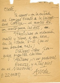 [Carta] 1984 junio 12, Santiago, Chile [a] Oreste Plath  [manuscrito] Miguel Arteche.
