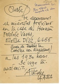 [Carta] 1984 abril 14, Santiago, Chile [a] Oreste Plath  [manuscrito] Miguel Arteche.
