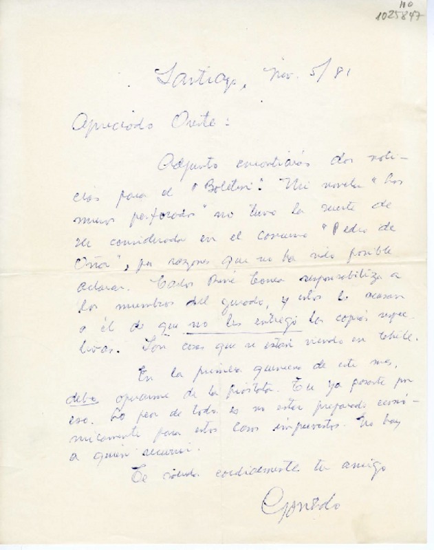[Carta] 1981 noviembre 5, Santiago, Chile [a] Oreste Plath  [manuscrito] Gonzalo Drago.