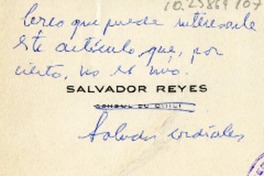 [Tarjeta] [1960], [Santiago], [Chile] [a] Oreste Plath  [manuscrito] Salvador Reyes.