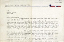 [Carta] 1972 abril 15, Puerto Montt, Chile [a] Oreste Plath  [manuscrito] José Muñoz Contreras.
