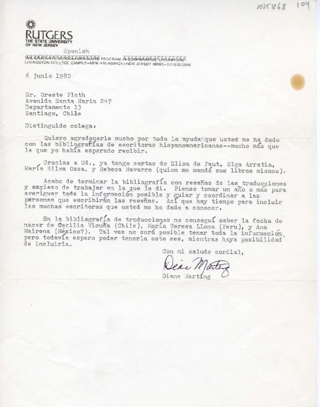 [Carta] 1980 junio 6, New Jersey [a] Oreste Plath, Santiago, Chile  [manuscrito] Diane Marting.