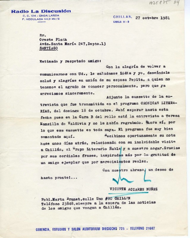 [Carta] 1981 octubre 27, Chillán, Chile [a] Oreste Plath, Santiago  [manuscrito] Aciares Vicente Núñez.