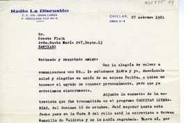 [Carta] 1981 octubre 27, Chillán, Chile [a] Oreste Plath, Santiago  [manuscrito] Aciares Vicente Núñez.