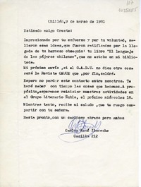 [Carta] 1981 marzo 9, Chillán, Chile [a] Oreste Plath, Santiago  [manuscrito] Carlos René Ibacache.