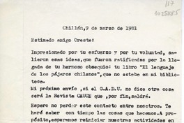 [Carta] 1981 marzo 9, Chillán, Chile [a] Oreste Plath, Santiago  [manuscrito] Carlos René Ibacache.