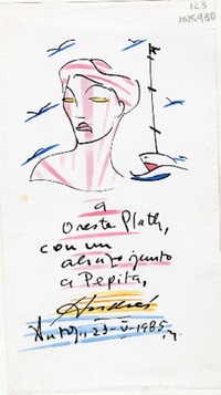[Tarjeta] 1985 mayo 23, Antofagasta, [Chile] [a] Oreste Plath  [manuscrito] Andrés Sabella.