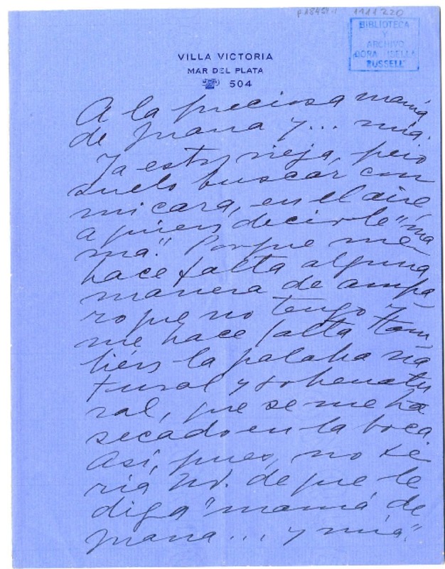 [Carta] [1939] Mar del Plata, [Buenos Aires] [a] Juana de Ibarbourou  [manuscrito] Gabriela Mistral .