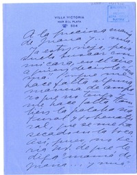 [Carta] [1939] Mar del Plata, [Buenos Aires] [a] Juana de Ibarbourou  [manuscrito] Gabriela Mistral .