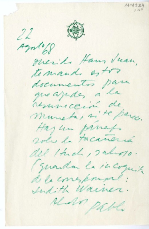 [Carta] 1968 agosto 22, Isla Negra, Chile [a] Hans Ehrmann  [manuscrito] Pablo Neruda.
