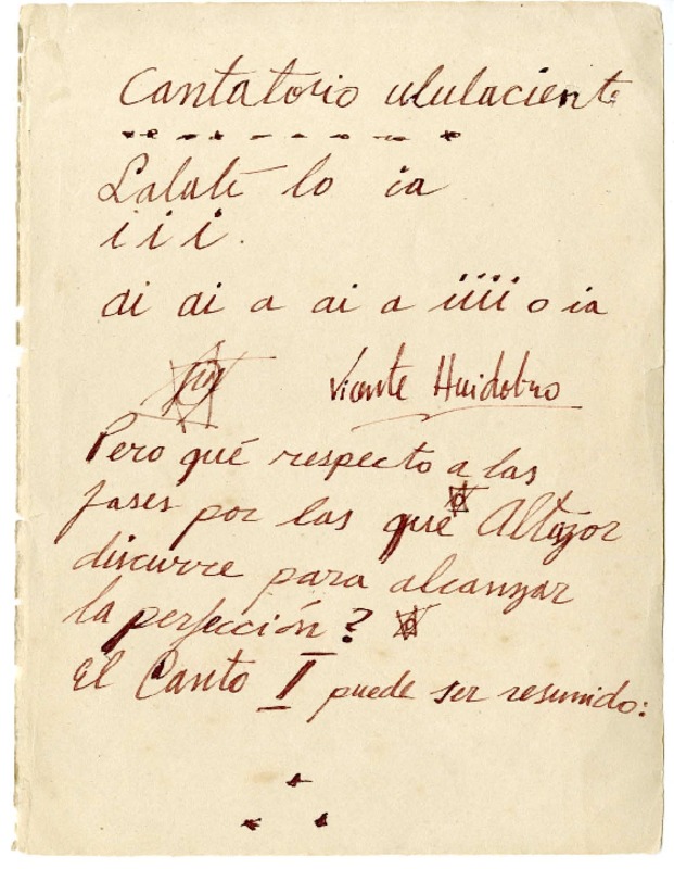 [Cantatorio ululaciente]  [manuscrito] Vicente Huidobro.
