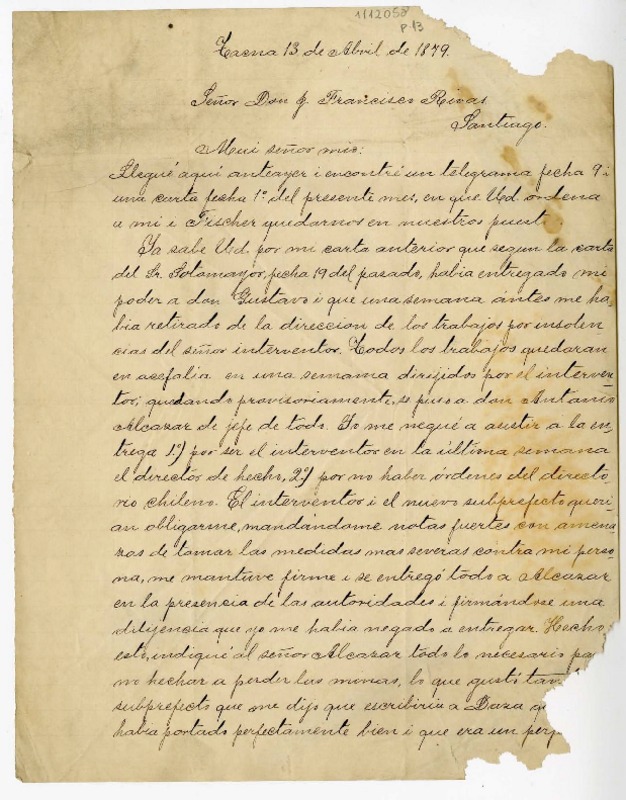 [Carta] 1879 abril 13, Tacna [a] [Juan] Francisco Rivas [Cruz]  [manuscrito] Eusebio Lillo.