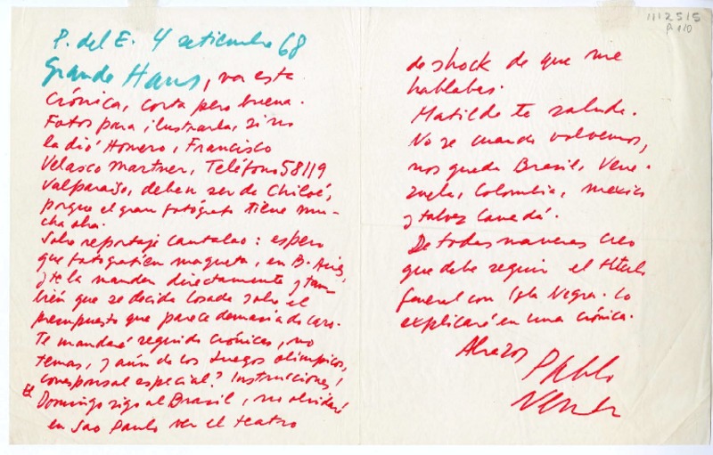 [Carta] 1968 septiembre 4, Punta del Este, Uruguay [a] Hans Ehrmann  [manuscrito] Pablo Neruda.
