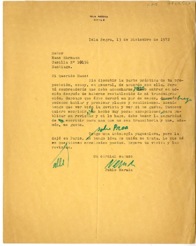 [Carta] 1972 diciembre 13, Isla Negra, Chile [a] Hans Ehrmann  [manuscrito] Pablo Neruda.