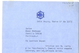 [Carta] 1973 marzo 1, Isla Negra, Chile [a] Hans Ehrmann  [manuscrito] Pablo Neruda.