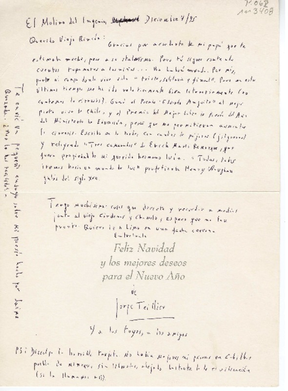 [Tarjeta postal] 1994 diciembre 4, Limache, Chile [al] amigo viejo rincón.  [manuscrito] Jorge Teillier.