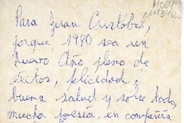 [Tarjeta postal] 1980 Febrero, Santiago, Chile [a] Juan Cristobal  [manuscrito] Jorge Teillier.