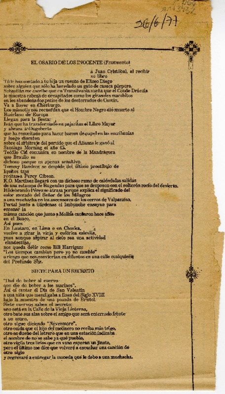 El osario de los inocentes (Fragmento)  [manuscrito] Jorge Teillier.