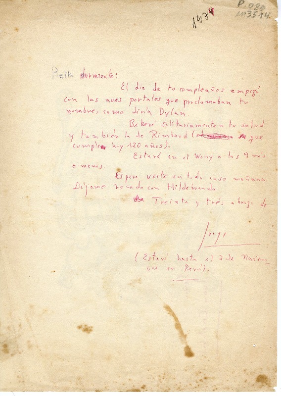 [Carta] 1974, [Perú] [al] Bello durmiente  [manuscrito] Jorge Teillier