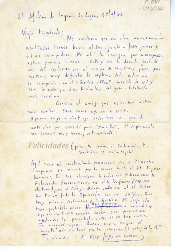[Tarjeta postal] 1986 enero 29, La Ligua, Chile, [al] Viejo tripulante  [manuscrito] Jorge Teillier.