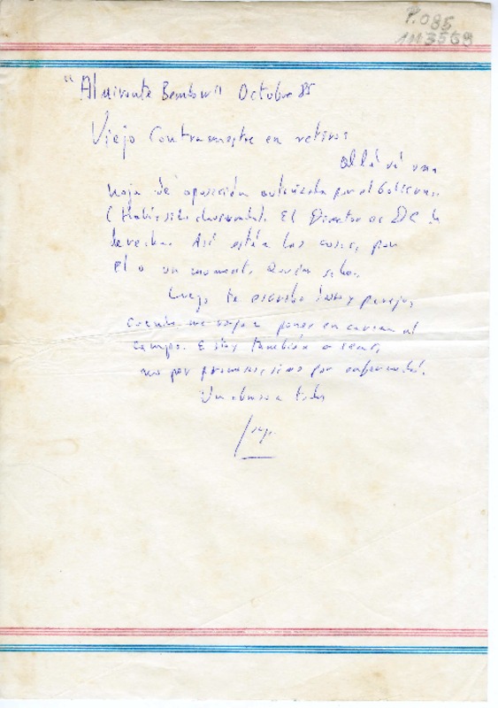 [Carta] 1985 [Santiago, Chile] [al] Viejo Contramaestre  [manuscrito] Jorge Teillier.