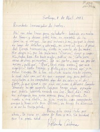 [Carta] 1983 abril 8, Santiago, Chile [al] Recordado trasvasijador de toreles, [Juan Cristobal]  [manuscrito] Rolando Cárdenas.